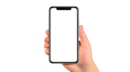 Hand smartphone blank screen isolated transparency background modern technology touch display device hand holding modern smartphone with blank white screen isolated transparency background