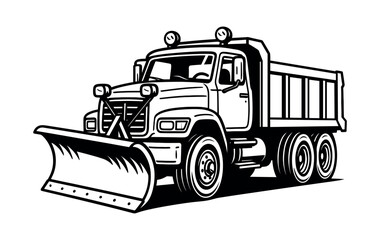 Naklejka premium Snow plow truck, flat vector illustration, black and white style, winter vehicle