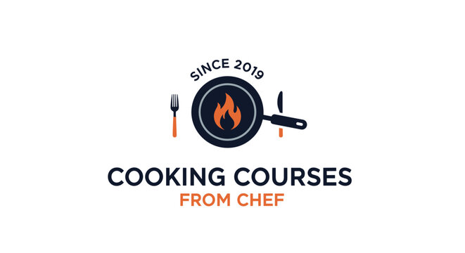 A modern and clean logo for cooking courses, featuring a flaming frying pan encircled by 'Since 2019' with a fork and knife.