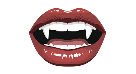 Obraz premium A detailed vector illustration of a vampire's open mouth with glossy red lips, white teeth, and long, sharp fangs on a clean background.