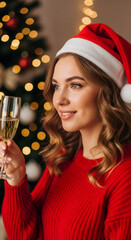 Young woman with long blonde hair wearing a festive Santa hat, holding a champagne glass, celebrating Christmas and New Years Eve with a beautifully decorated tree in the background