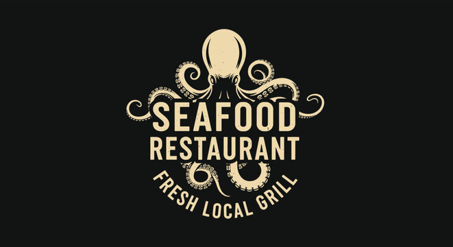 A striking vintage logo for a seafood restaurant and grill, featuring a large octopus with its tentacles wrapping around the text.