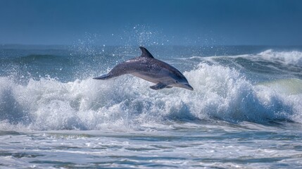 Obraz premium Dolphin Leaps Above Ocean Waves Under Clear Blue Sky, Capturing the Beauty of Marine Life and Nature in a Stunning Seascape Moment