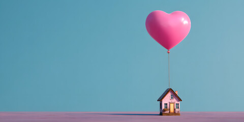 pink heart shaped balloon over miniature house minimalist lifestyle