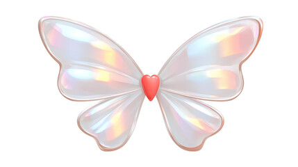 Fototapeta premium Iridescent butterfly wings with glossy pearl texture and pink heart center, reflecting light in magical, dreamy style, perfect for fantasy or whimsical design themes