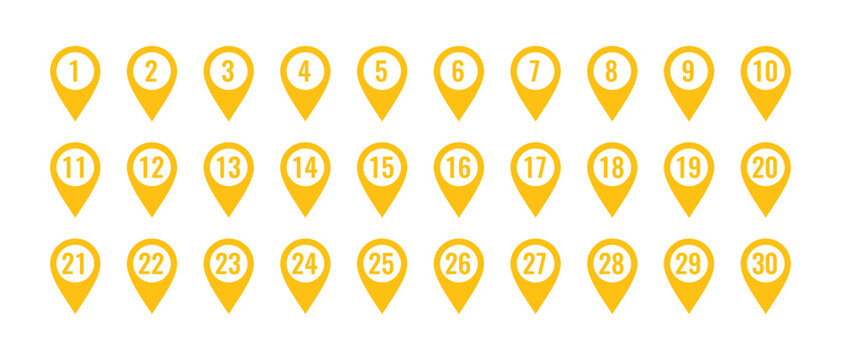 Yellow Numbered Location Pins 1 to 30 map marker navigation Isolated On Transparent Background