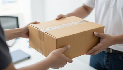 Package delivery action office location photo content indoor environment close-up viewpoint logistics concept