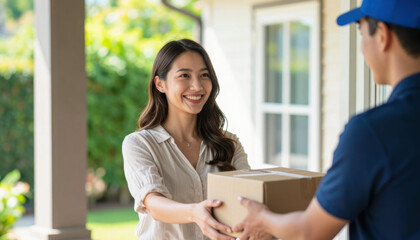 Delivery action smiling woman receives package at home residential setting close-up view joyful interaction