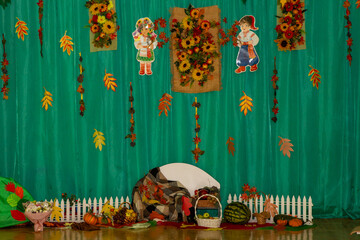 Autumn-themed decorations for a kindergarten celebration.