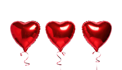 Valentine day three shiny red heart shaped balloons floating with festive ribbons underneath high-key lighting with cutout object