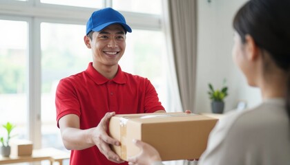 Delivery person hands package to smiling customer indoors residential setting positive interaction