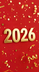Golden numbers representing the year 2026, surrounded by festive confetti and streamers on a vibrant red background, symbolizing celebration and new beginnings