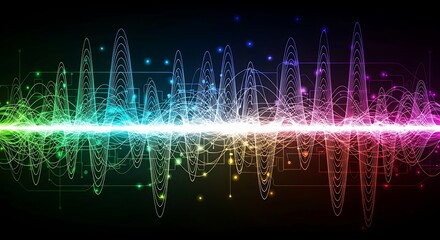 Vibrant equalizer displays colorful sound waves against a dark background.