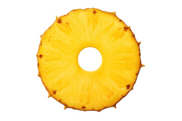 Ripe pineapple slice presenting vibrant yellow flesh with a hole in the center, isolated on transparent background