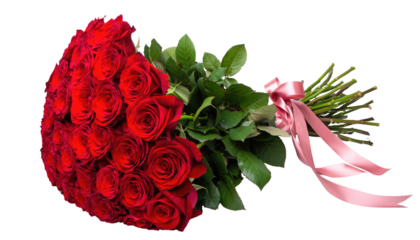 Valentine day beautiful bouquet of red roses with green leaves and pink ribbon tied together object on white and png