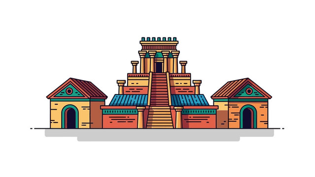 A stylized illustration of an ancient Mesopotamian ziggurat with flanking buildings, rendered in a flat, colorful design.