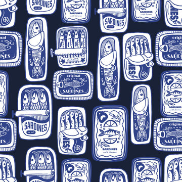 Sardina seamless vector pattern with vintage sardine cans hand drawn nautical illustration