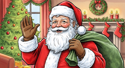 Vintage painted christmas post card with happy Traditional santa claus holding bag of gifts. vintage antique retro style. Festive background. Home Xmas time. Greeting card or banner copy space