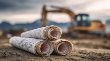 Blueprints on construction site with excavator
