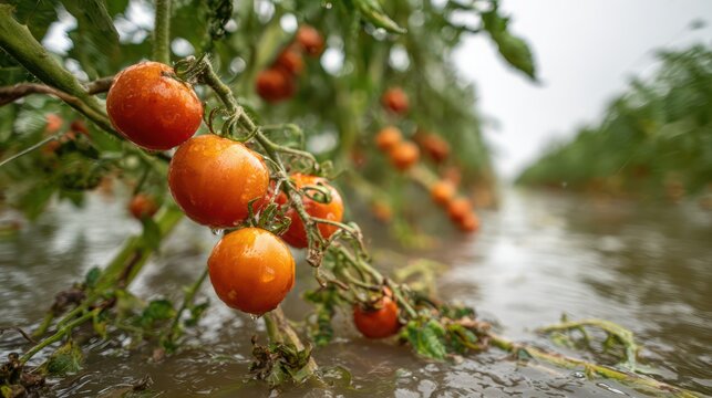 Ripe tomatoes in a flooded field