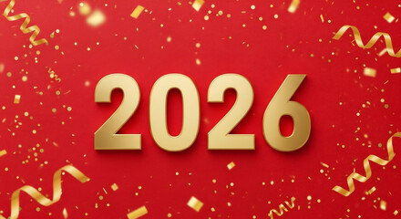 Golden numbers representing the year 2026, surrounded by festive confetti and streamers on a vibrant red background, symbolizing celebration and new beginnings
