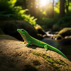 Fototapeta premium A bright green gecko rests on a rock beside a forest stream.