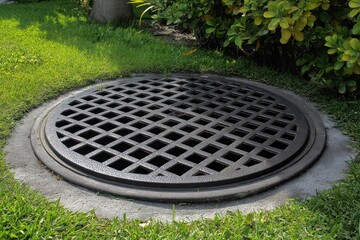 Water utility access cover on lawn