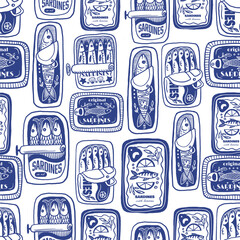 Sardina seamless vector pattern with vintage sardine cans hand drawn nautical illustration
