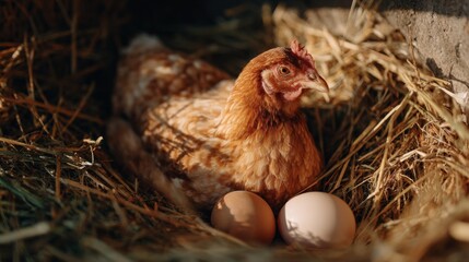 Brown Hen Nesting on Straw with Fresh Eggs in Rustic Farm Setting Surrounded by Natural Elements and Warm Lighting for Agricultural Imagery