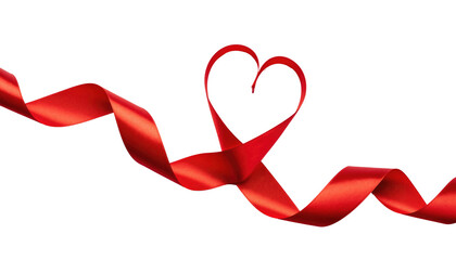 Valentine day elegant red ribbon shaped into a heart with flowing curves and smooth texture on white and transparent