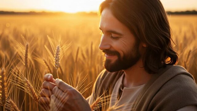 Jesus Christ holding a Wheat Stalk in a Field during Sunset, concept of the Parable of the Sower and the Harvest.