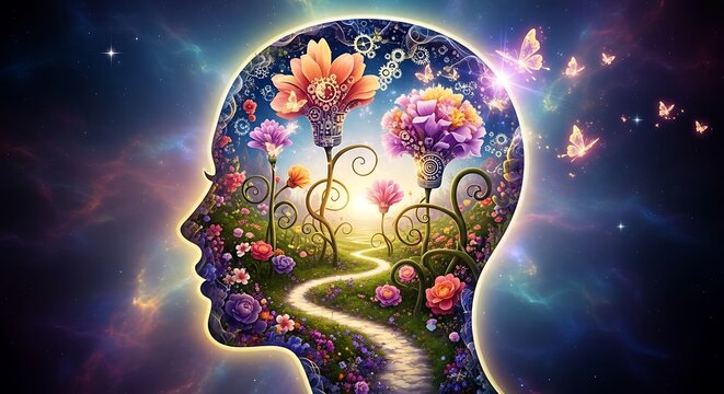 Imagination blooms in a colorful mindscape with butterflies.