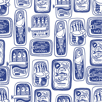 Sardina seamless vector pattern with vintage sardine cans hand drawn nautical illustration