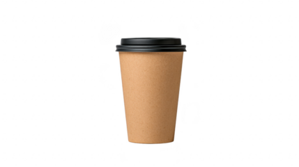 Brown paper coffee cup black plastic lid disposable eco friendly isolated vertical takeaway beverage modern minimal design. Perfect for hot drinks and sustainable lifestyle