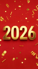 Golden numbers representing the year 2026, surrounded by festive confetti and streamers on a vibrant red background, symbolizing celebration and new beginnings