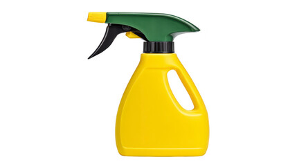 Yellow plastic spray bottle with green trigger, isolated on transparency background, commonly used for cleaning, gardening, or household tasks, practical and functional design