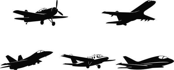 Collection of black airplane silhouettes on white background aircraft propeller plane © Olaja Vector Vision