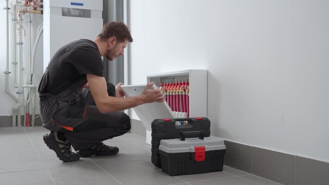 Technician inspecting underfloor heating manifold with pipes and valves in utility room. Concept of heating installation, plumbing maintenance, HVAC service and residential energy system