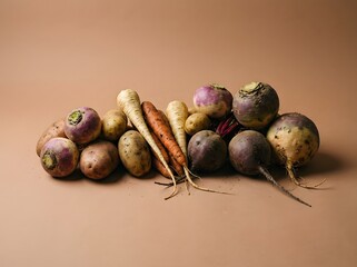 Assorted Root Vegetables Freshly Harvested on Earthy Surface