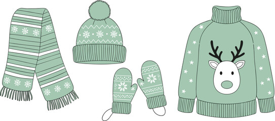 Mint green winter clothing set with reindeer and snowflake motifs winter wear scarf © Riyaj Vector Valley
