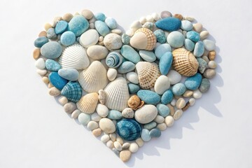 Heart shape formed by various beach pebbles and seashells in shades of blue, beige, and white, symbolizing love and the ocean.
