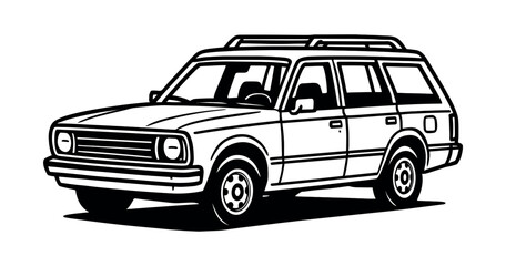 Vintage station wagon, flat vector illustration of retro car, black and white design