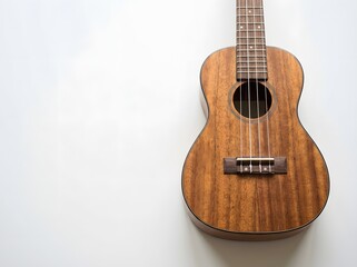 Obraz premium Close-up of a wooden ukulele lying flat on a bright surface