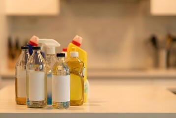 Collection of Cleaning Supplies on a Kitchen Countertop