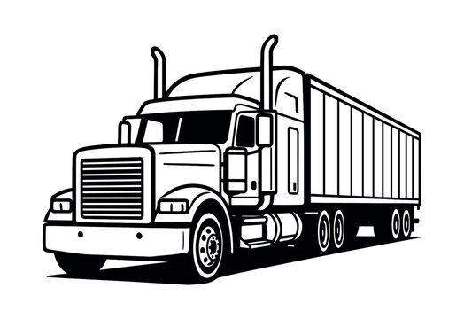 Truck and trailer, semi, transport vehicle, black and white flat vector illustration