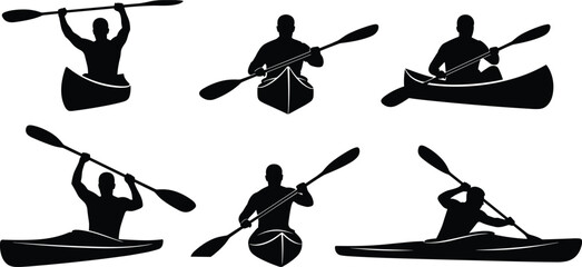 Six black silhouette figures in kayaks paddling on white background kayaking canoe