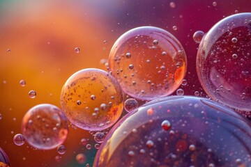 Macro abstract of colorful oil and water bubbles in vibrant orange, purple, and pink hues