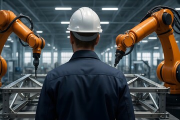 Engineer Observing Robotic Arms in a Modern Factory