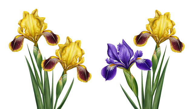 Two groupings of iris flowers are displayed, with the left grouping showing yellow irises and the right showing purple irises on white background PNG