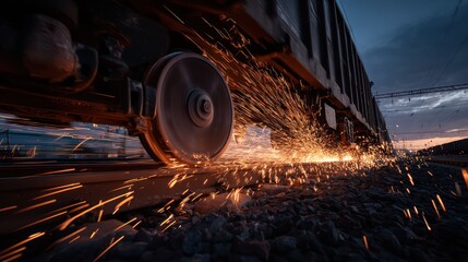Motion blur of train wheel and sparks